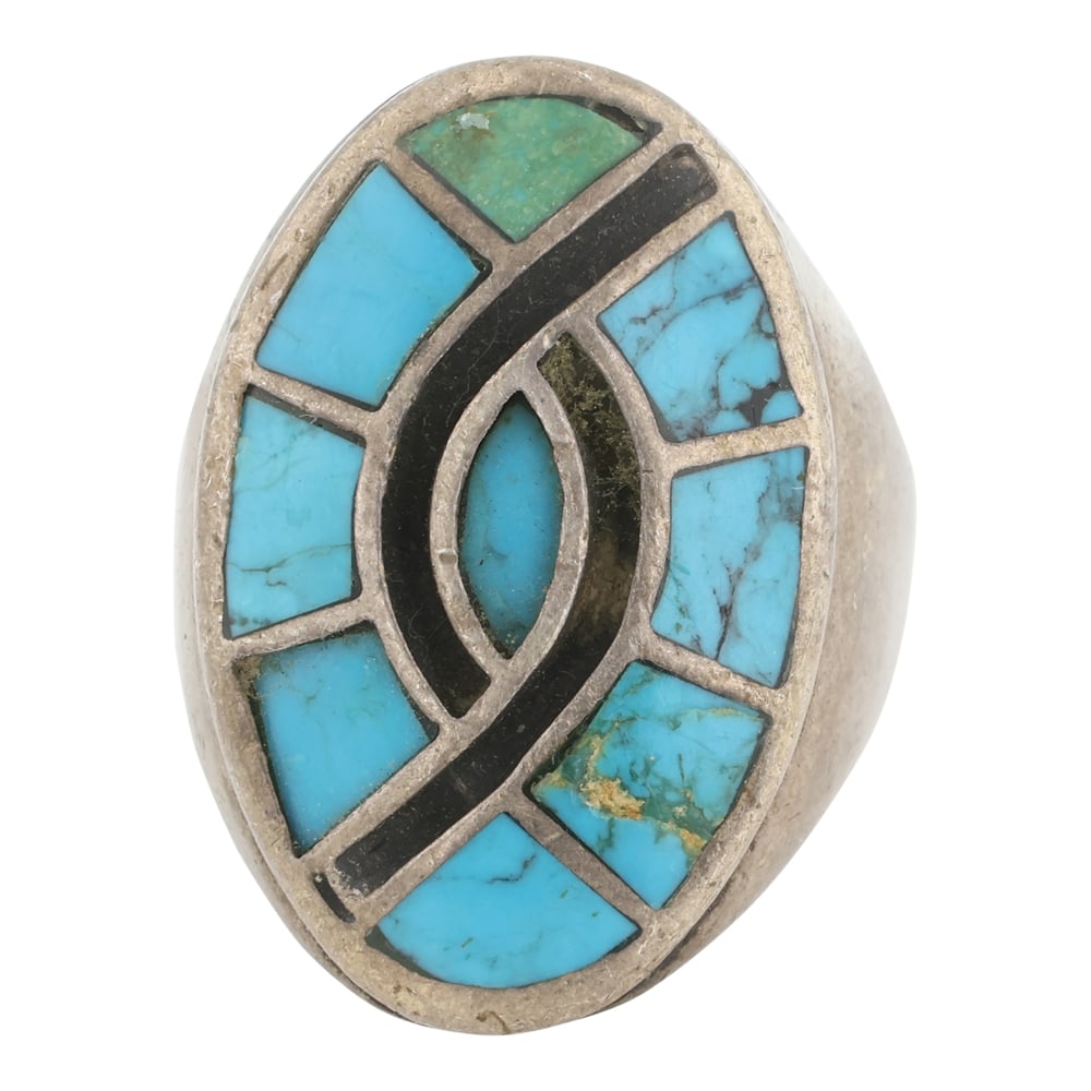 Vintage Kingman Turquoise Zuni Humming Bird Pattern Men's Ring (1 of 3)