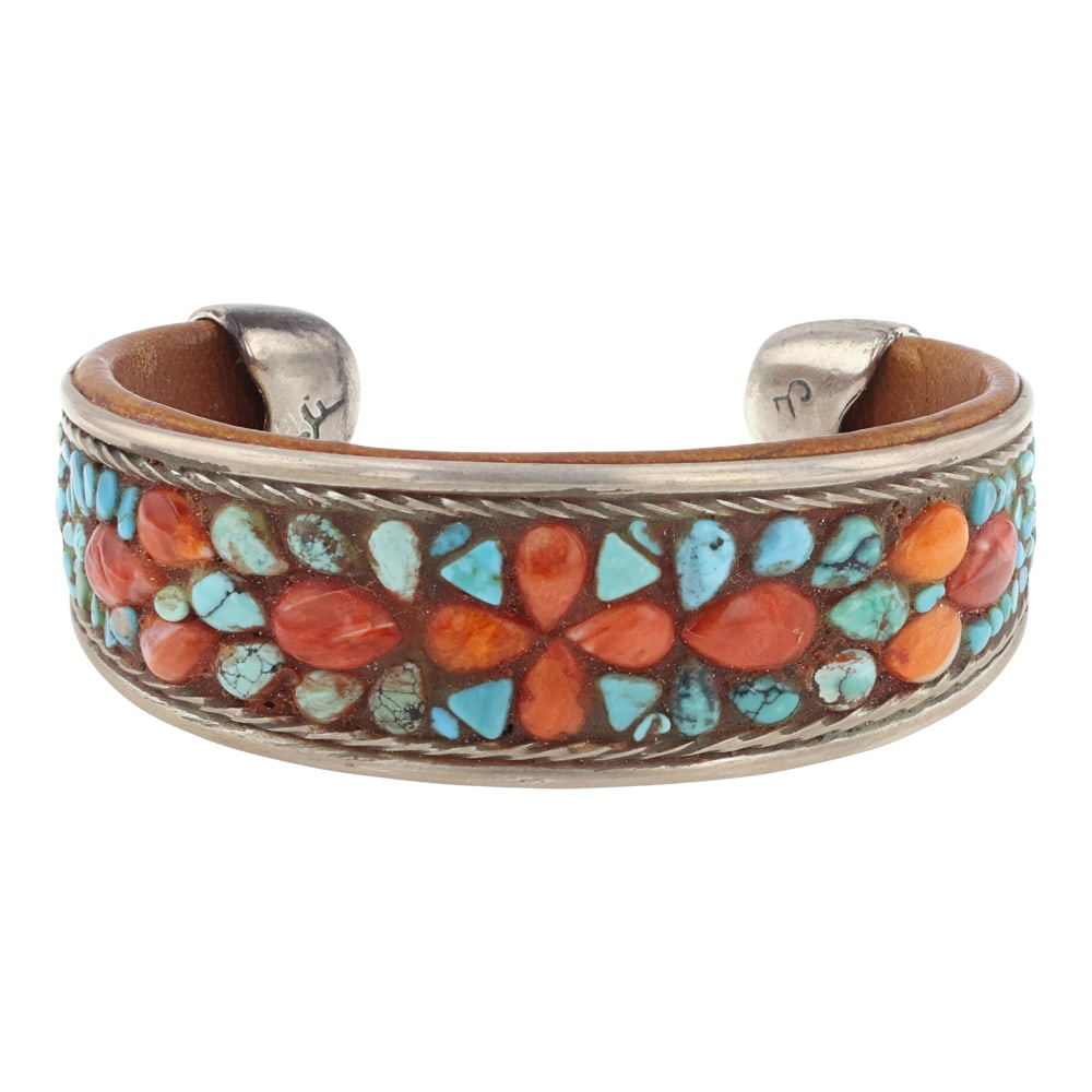 Charlie Favour Anglo Southwest Artist Turquoise Spiny Oyster & leather Bracelet: Sterling Silver | Genuine Turquoise & Spiny Oyster Shell | Charlie Favour Anglo Southwest Artist Turquoise Spiny Oyster & leather Bracelet | Anglo Southwest American Artist | Good (no breaks or damage