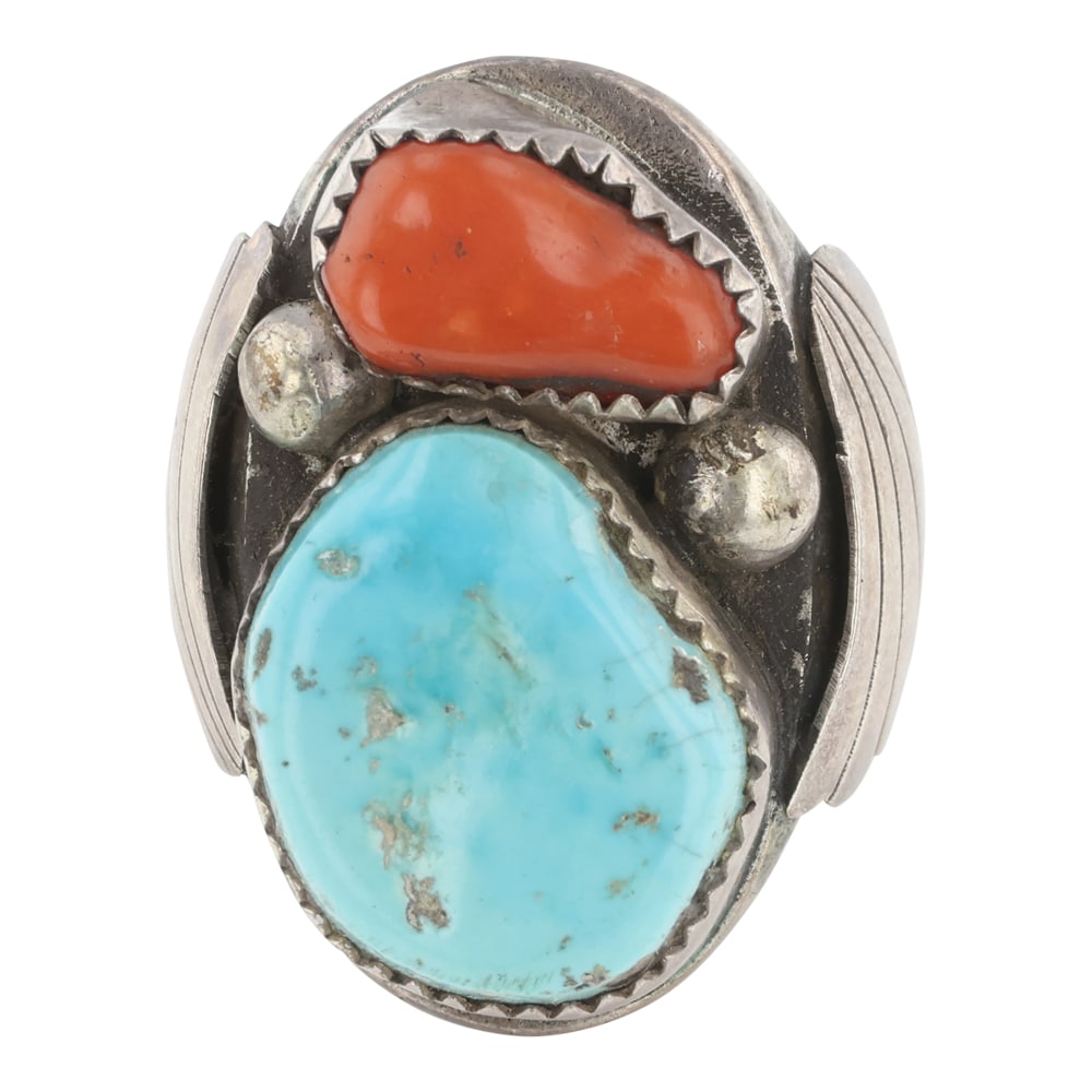 Vintage Navajo Kingman Turquoise & Coral Men's Ring (1 of 4)