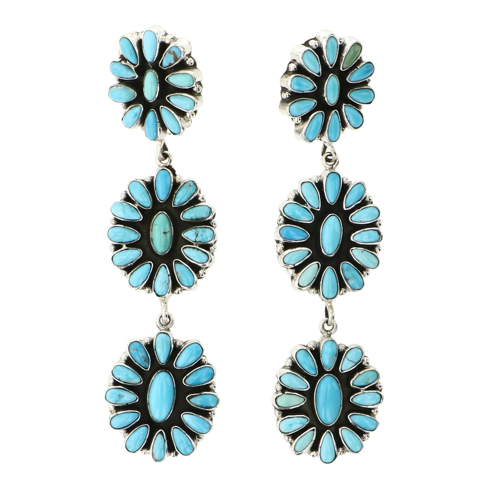 Eleanor Largo Navajo Kingman Turquoise Chandelier Earrings: Sterling Silver | Genuine Kingman Turquoise | Eleanor Largo Navajo Kingman Turquoise Chandelier Earrings | Navajo Native American Southwest Indian Jewelry | Good (no breaks or damages) | Approximate W