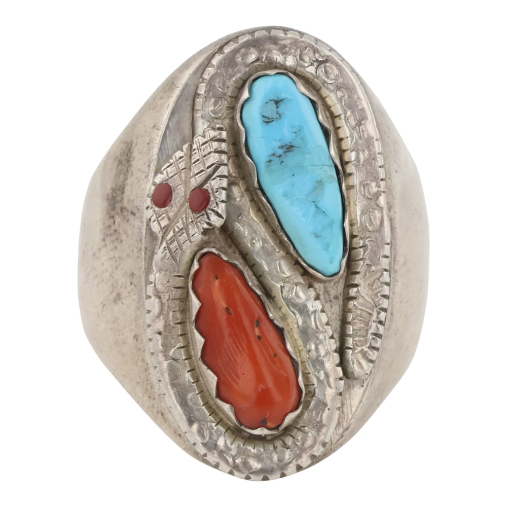 Vintage Zuni Kingman Turquoise & Mediterranean Coral Men's Ring (1 of 3)