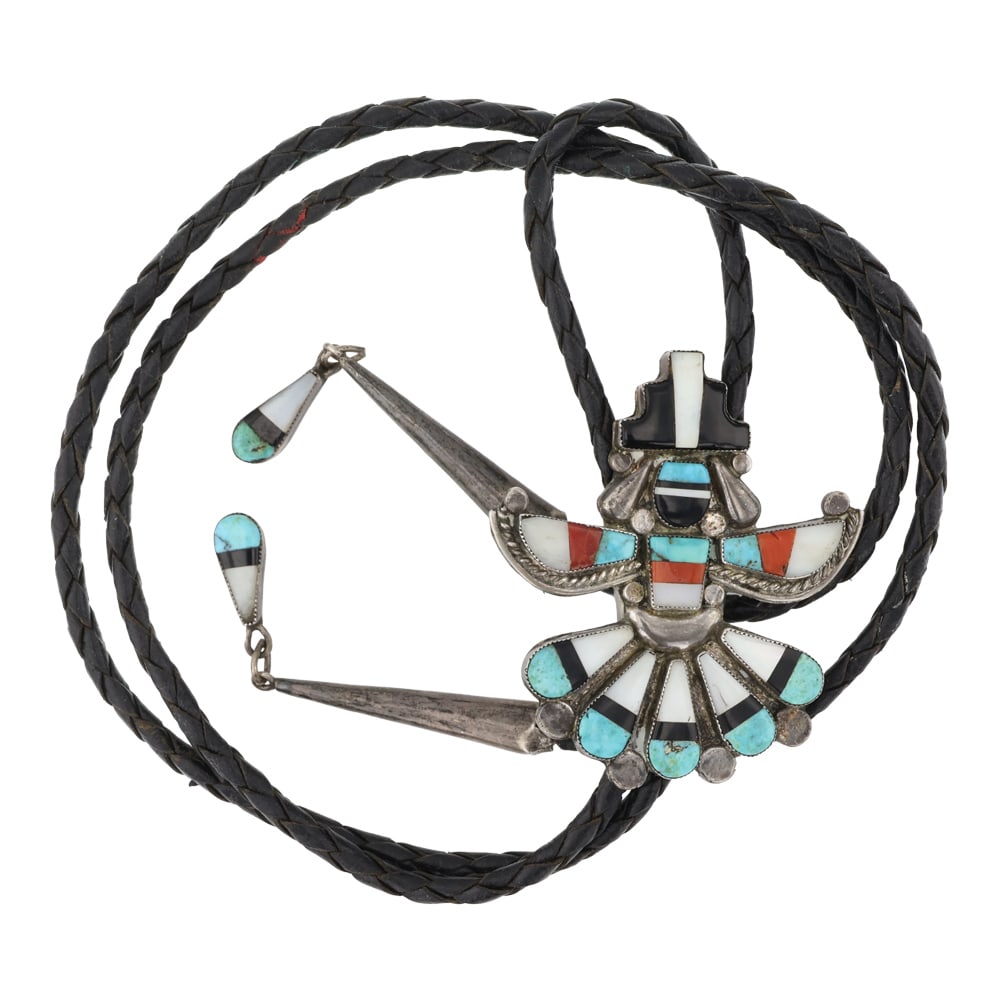 Vintage Zuni Turquoise Coral Jet Black & Mother of Pearl Inlay Knife Wing Dancer Bolo Tie (1 of 3)