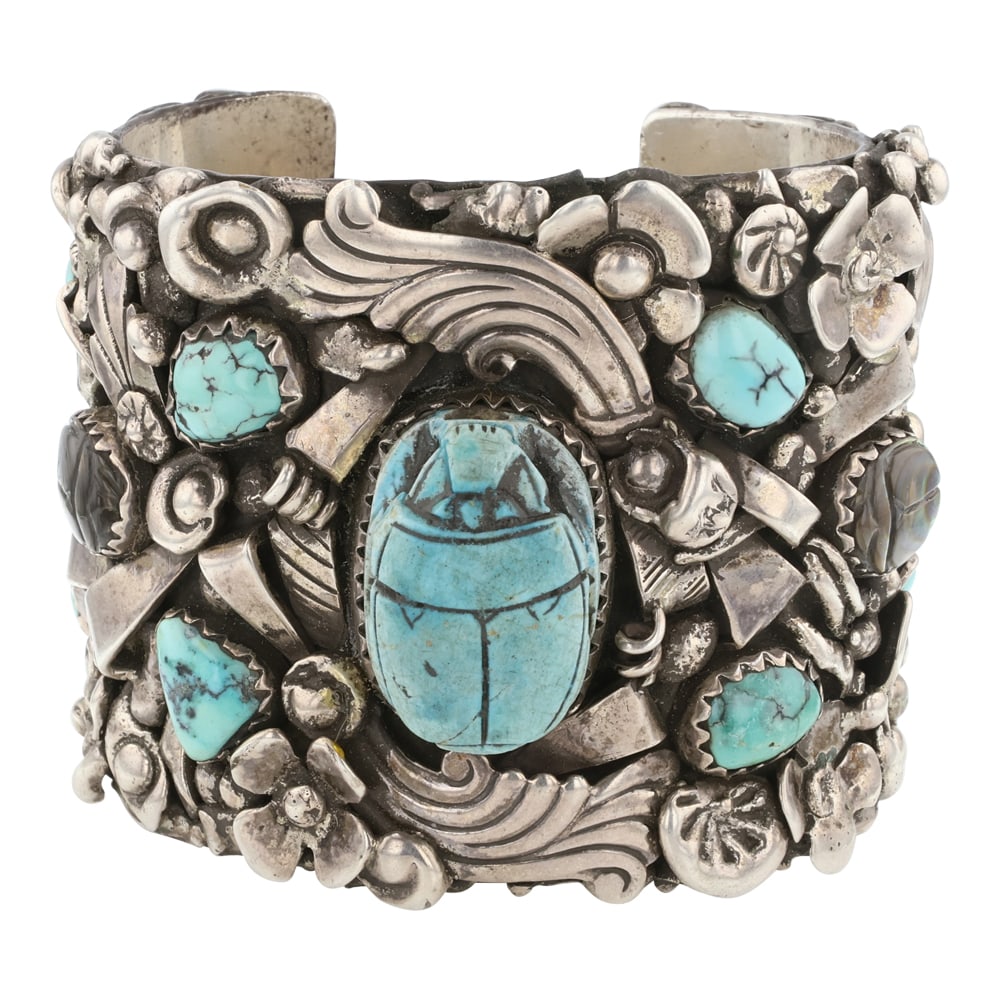 Vintage Old Pawn Kingman Turquoise & Abalone Shell Wide Bug Cuff Bracelet (1 of 5)