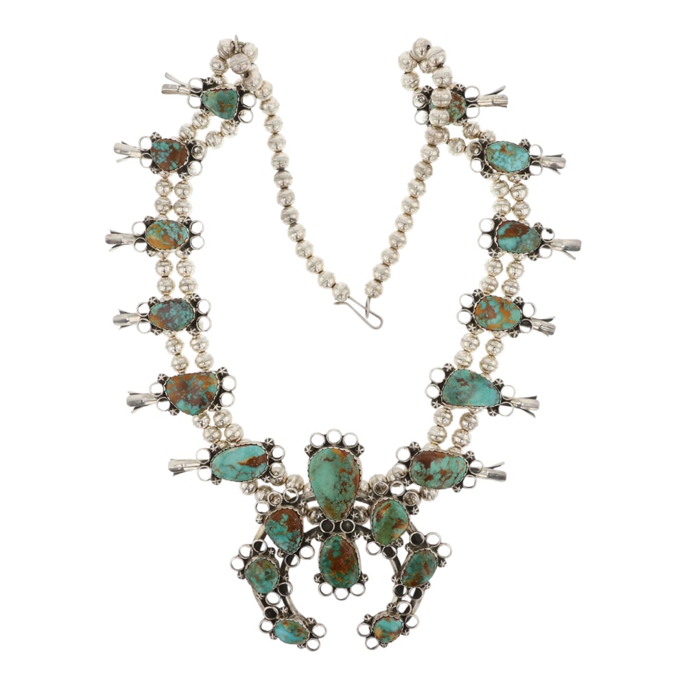 Fannie Platero Navajo Royston Turquoise Squash Blossom Necklace Auction