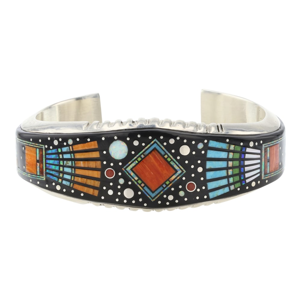 Mathew Jack Navajo Turquoise Spiny Oster Acoma Jet & Synthetic Opal Micro Inlay Night Sky Cuff (1 of 4)