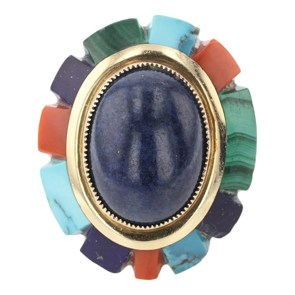 Vintage Navajo 14K Yellow Gold Turquoise Coral Lapis & Malachite Cobblestone Inlay Ring (1 of 4)