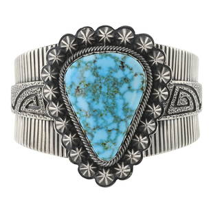 Daniel Benally Navajo Turquoise Mountain Turquoise Intricate Detailed Cuff Bracelet: Sterling Silver | Genuine Turquoise Mountain Turquoise | Daniel Benally Navajo Turquoise Mountain Turquoise Intricate Detailed Cuff Bracelet | Navajo Native American Southwest Indian Jewelry | Good