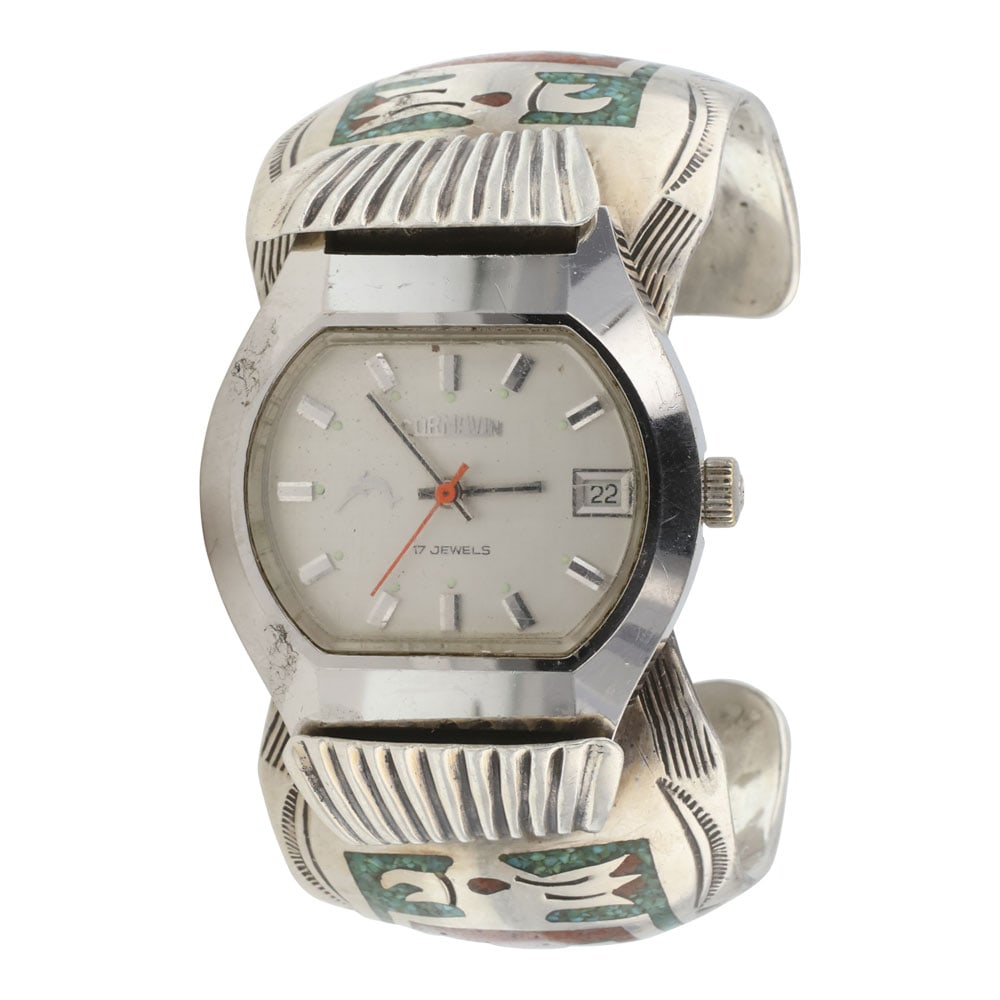 Vintage Jimmy Victor Begay Navajo Turquoise & Coral Watch Bracelet (1 of 4)