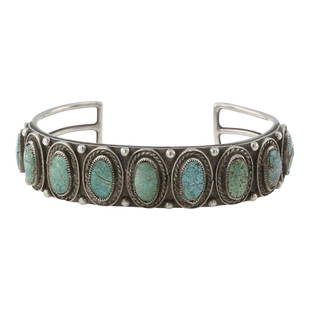 Vintage Navajo Nevada Turquoise Row Cuff Bracelet: Sterling Silver | Genuine Nevada Turquoise | Vintage Navajo Nevada Turquoise Row Cuff Bracelet | Navajo Native American Southwest Indian Jewelry | Good (no breaks or damages) | Approximate Weight: 32