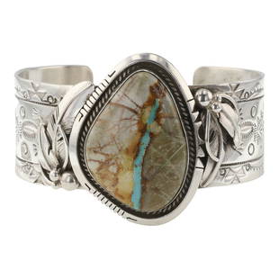 Joe Piaso Jr. Navajo Boulder Cuff Bracelet: Sterling Silver | Genuine Boulder Turquoise | Joe Piaso Jr. Navajo Boulder Cuff Bracelet | Navajo Native American Southwest Indian Jewelry | Good (no breaks or damages) | Approximate Weight: 75