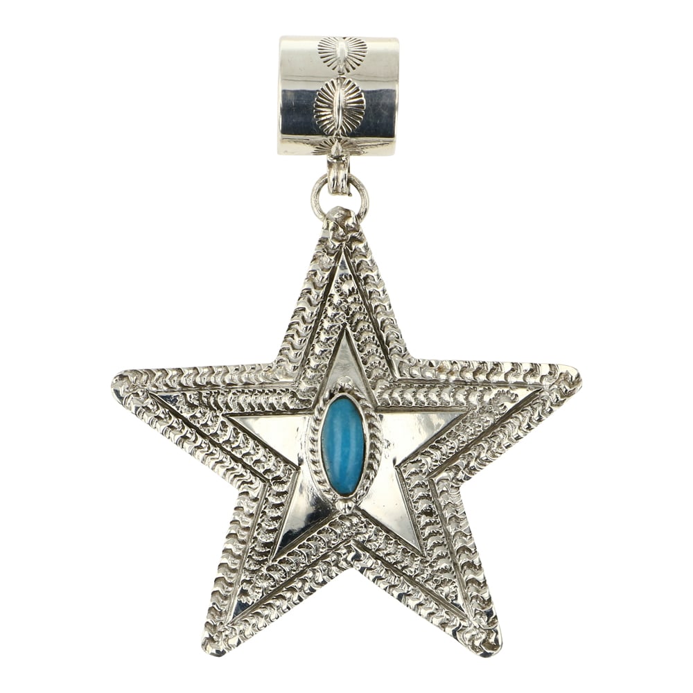 June Delgarito Navajo Turquoise Star Pendant: Sterling Silver | Genuine Turquoise | June Delgarito Navajo Turquoise Star Pendant | Navajo Native American Southwest Indian Jewelry | Good (no breaks or damages) | Approximate Weight: 14 Grams | Pend
