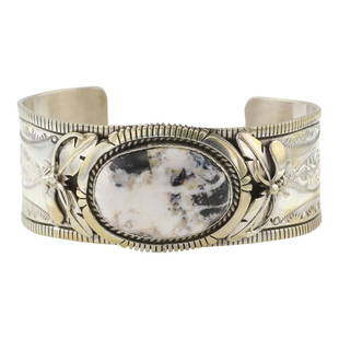 Joe Piaso Jr. Vintage White Buffalo Cuff Bracelet: Sterling Silver | Genuine White Buffalo | Joe Piaso Jr. Vintage White Buffalo Cuff Bracelet | Navajo Native American Southwest Indian Jewelry | Good (no breaks or damages) | Approximate Weight: 76