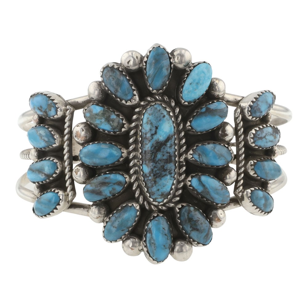 Navajo Nacozari Turquoise Cluster Cuff Bracelet: Sterling Silver | Genuine Nacozari Turquoise | Navajo Nacozari Turquoise Cluster Cuff Bracelet | Navajo Native American Southwest Indian Jewelry | Good (no breaks or damages) | Approximate Weight: 40 