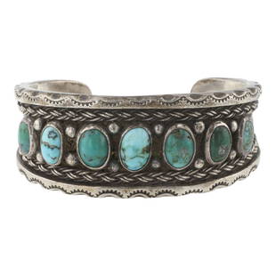 Vintage Navajo Nevada Turquoise Traditional Cuff Bracelet: Sterling Silver | Genuine Nevada Turquoise | Vintage Navajo Nevada Turquoise Traditional Cuff Bracelet | Navajo Native American Southwest Indian Jewelry | Good (no breaks or damages) | Approximate Wei