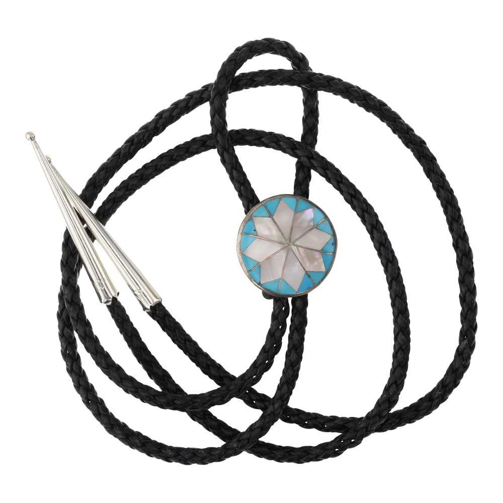 Vintage Zuni turquoise & Mother of Pearl Inlay Bolo Tie: Sterling Silver | Genuine Turquoise & Mother of Pearl | Vintage Zuni turquoise & Mother of Pearl Inlay Bolo Tie | Zuni Native American Southwest Indian Jewelry | Good (no breaks or damages) | Approxim