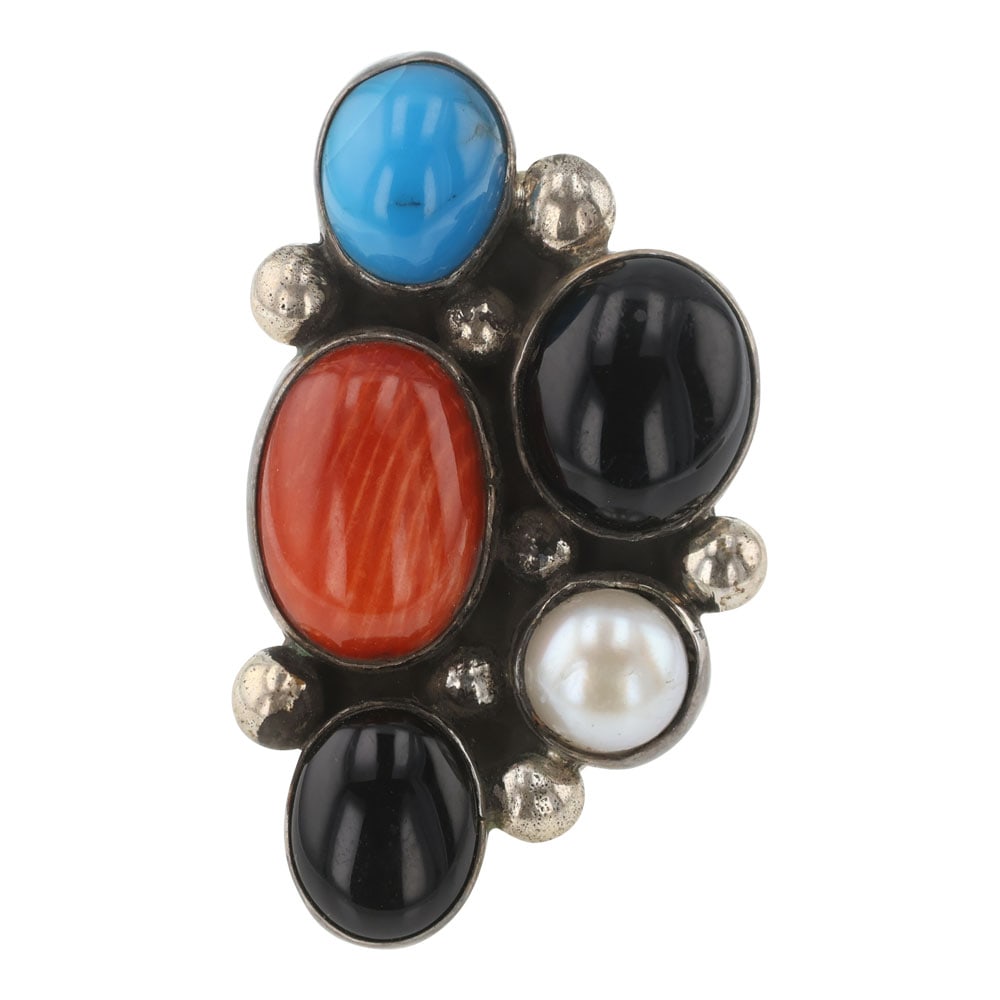 Navajo Nakai Southwest Shop Coral Turquoise Black Onyx & Pearl Ring (1 of 3)