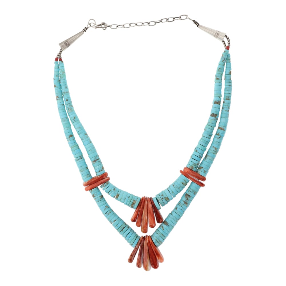 Santo Domingo Turquoise & Spiny Oyster Choker Necklace: Sterling Silver | Genuine Turquoise & Spiny Oyster | Santo Domingo Turquoise & Spiny Oyster Choker Necklace | Navajo Native American Southwest Indian Jewelry | Good (no breaks or damages) | Approximat