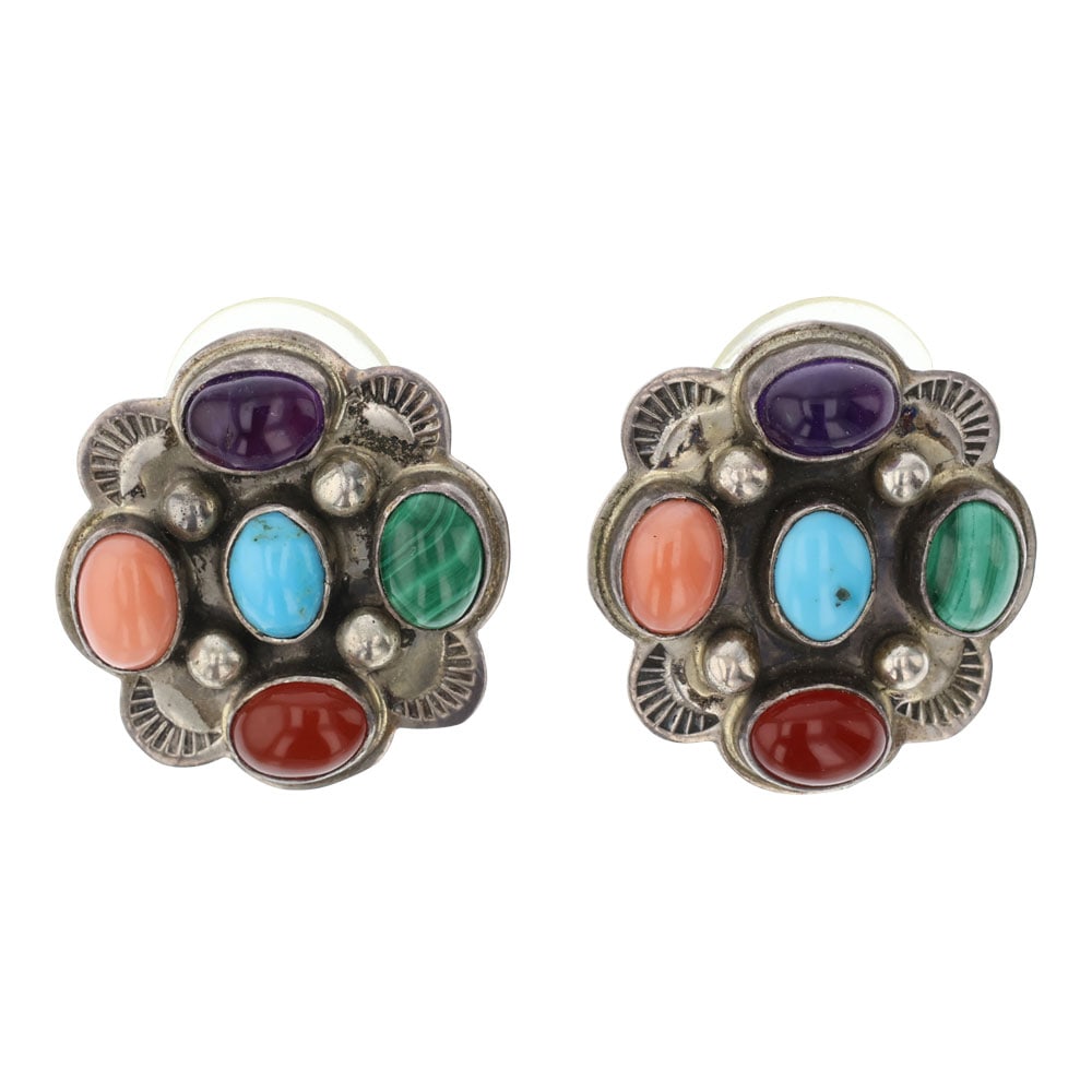 Vintage Navajo Turquoise Coral Malachite & Amethyst Earrings (1 of 2)