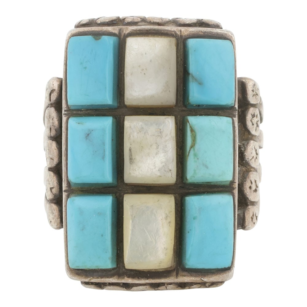 Vintage Zuni Turquoise & Mother of Pearl Inlay Ring: Sterling Silver | Genuine Turquoise & Mother of Pearl | Vintage Zuni Turquoise & Mother of Pearl Inlay Ring | Zuni Native American Southwest Indian Jewelry | Good (no breaks or damages) | Approximate 