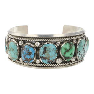 Tommy Lowe Navajo Nevada Turquoise Large Size Cuff Bracelet: Sterling Silver | Genuine Nevada Turquoise | Tommy Lowe Navajo Nevada Turquoise Large Size Cuff Bracelet | Navajo Native American Southwest Indian Jewelry | Good (no breaks or damages) | Approximate W