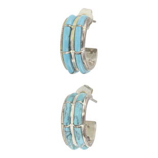 Zuni Kingman Turquoise Inlay Hoop Earrings: Sterling Silver | Genuine Kingman Turquoise | Zuni Kingman Turquoise Inlay Hoop Earrings | Zuni Native American Southwest Indian Jewelry | Good (no breaks or damages) | Approximate Weight: 4 Grams | E