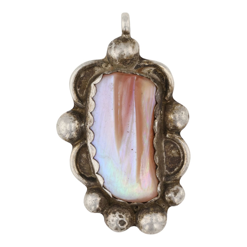 Vintage Navajo Pink Mussel Shell Pendant: Sterling Silver | Genuine Pink Mussel Shell | Vintage Navajo Pink Mussel Shell Pendant | Navajo Native American Southwest Indian Jewelry | Good (no breaks or damages) | Approximate Weight: 5 Grams | P