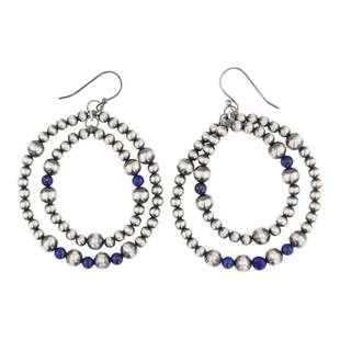 Oxidized Beads & Lapis Double Hoop Earrings: Sterling Silver | Genuine Lapis | Oxidized Beads & Lapis Double Hoop Earrings | Navajo Native American Southwest Indian Jewelry | Good (no breaks or damages) | Approximate Weight: 15 Grams | Earrings: