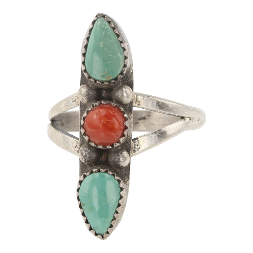 Vintage Navajo Turquoise & Coral Three Stone Ring: Sterling Silver | Genuine Turquoise & Coral | Vintage Navajo Turquoise & Coral Three Stone Ring | Navajo Native American Southwest Indian Jewelry | Good (no breaks or damages) | Approximate Weight: 3 