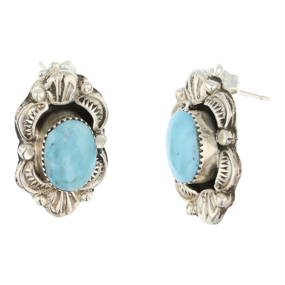 Rb Navajo Nacozari Turquoise Earrings: Sterling Silver | Genuine Nacozari Turquoise | Rb Navajo Nacozari Turquoise Earrings | Navajo Native American Southwest Indian Jewelry | Good (no breaks or damages) | Approximate Weight: 7 Grams | Ear