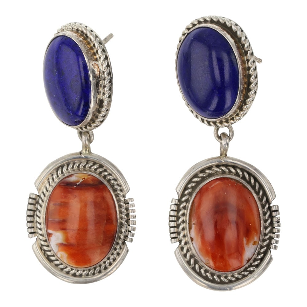 Eddie Secatero Navajo Lapis & Spiny Oyster Earrings: Sterling Silver | Genuine Spiny Oyster | Eddie Secatero Navajo Lapis & Spiny Oyster Earrings | Navajo Native American Southwest Indian Jewelry | Good (no breaks or damages) | Approximate Weight: 15 Gr