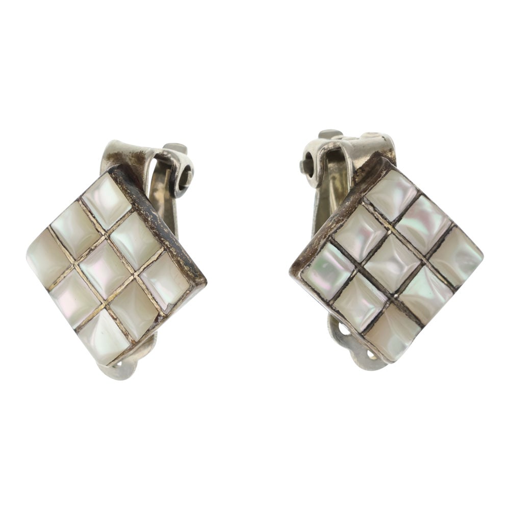Vintage Navajo Mother of pearl Inlay Clip-on Earrings: Sterling Silver | Genuine Mother of Pearl | Vintage Navajo Mother of pearl Inlay Clip-on Earrings | Navajo Native American Southwest Indian Jewelry | Good (no breaks or damages) | Approximate Weight: 