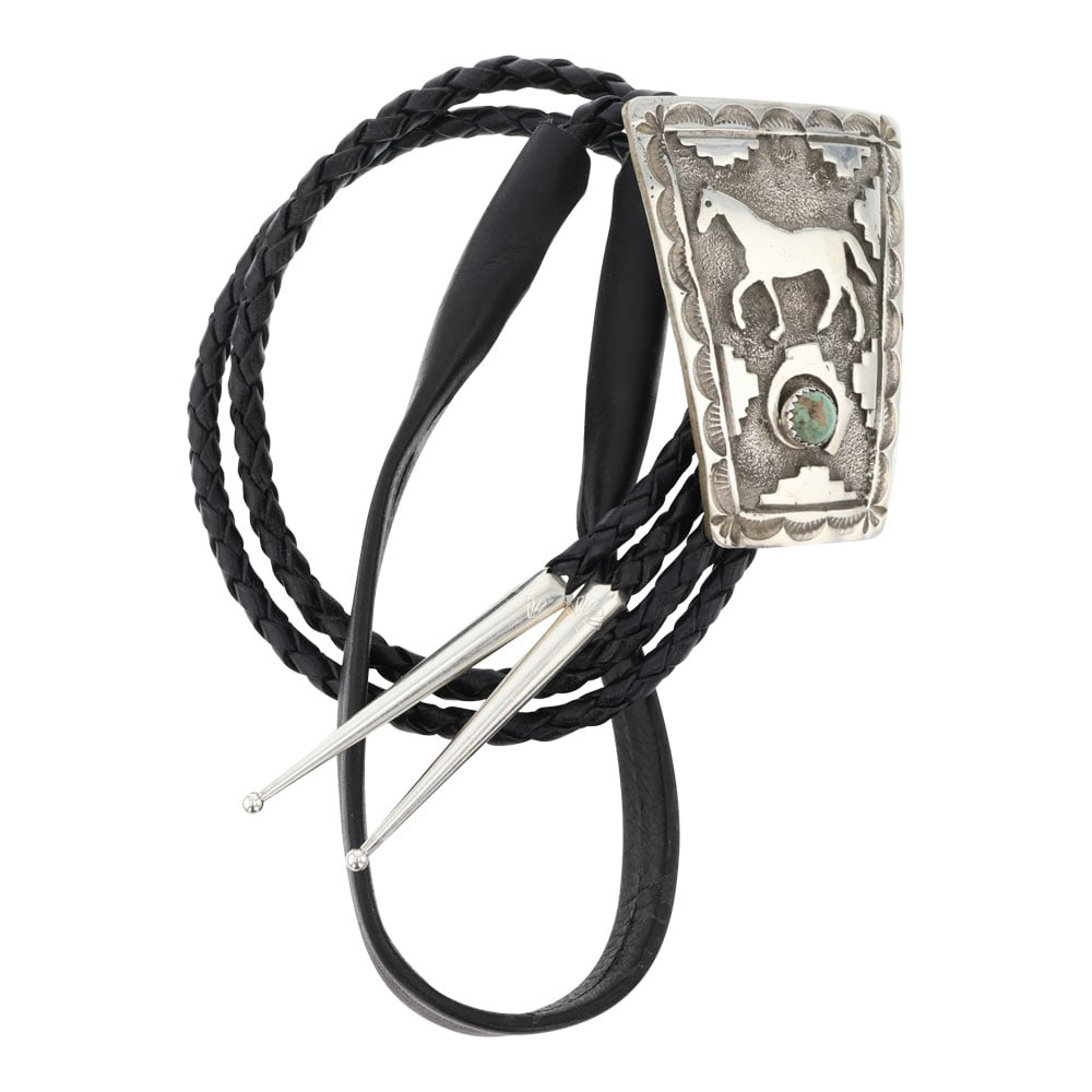 Emerson Kinsell Navajo Nevada Turquoise Horse Bolo Tie: Sterling Silver | Genuine Nevada Turquoise | Emerson Kinsell Navajo Nevada Turquoise Horse Bolo Tie | Navajo Native American Southwest Indian Jewelry | Good (no breaks or damages) | Approximate Weight