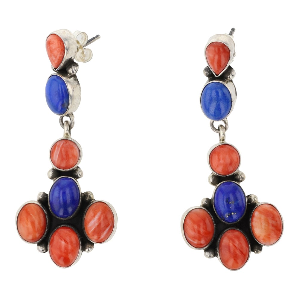 Carol Wylie Navajo Spiny Oyster & lapis Chandelier Earrings: Sterling Silver | Genuine Spiny Oyster & Lapis | Carol Wylie Navajo Spiny Oyster & lapis Chandelier Earrings | Navajo Native American Southwest Indian Jewelry | Good (no breaks or damages) | Approxima
