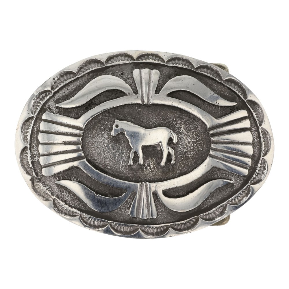 Emerson Kinsell Navajo Plain Silver Horse Buckle: Sterling Silver | | Emerson Kinsell Navajo Plain Silver Horse Buckle | Navajo Native American Southwest Indian Jewelry | Good (no breaks or damages) | Approximate Weight: 49 Grams | Buckle: 2.75" x 2"