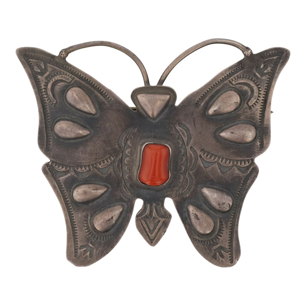 Vintage Dean Sandoval Jr. Navajo Branch Coral Butterfly Pin: Sterling Silver | Genuine Coral | Vintage Dean Sandoval Jr. Navajo Branch Coral Butterfly Pin | Navajo Native American Southwest Indian Jewelry | Good (no breaks or damages) | Approximate Weight: 14 G