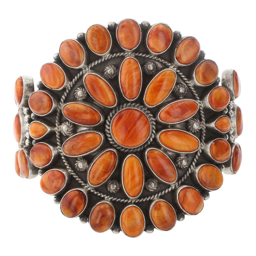Navajo Spiny Oyster Cluster Cuff Bracelet: Sterling Silver | Genuine Spiny Oyster | Navajo Spiny Oyster Cluster Cuff Bracelet | Navajo Native American Southwest Indian Jewelry | Good (no breaks or damages) | Approximate Weight: 99 Grams | Brac