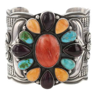 Andy Cadman Navajo Turquoise & Spiny Oyster Multi Color Cluster Stamp-Work Cuff Bracelet: Sterling Silver | Genuine Turquoise & Spiny Oyster | Andy Cadman Navajo Turquoise & Spiny Oyster Multi Color Cluster Stamp-Work Cuff Bracelet | Navajo Native American Southwest Indian Jewelry | Good (