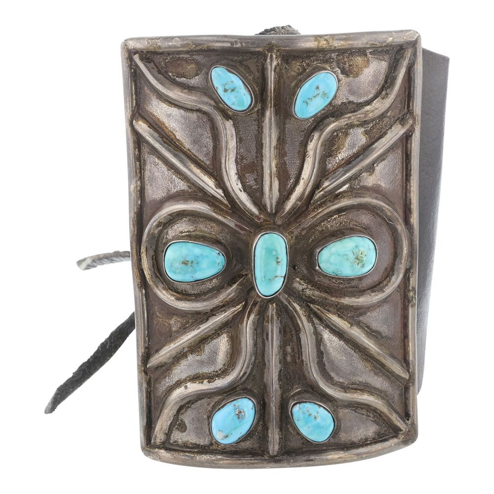 Vintage Navajo Kingman Turquoise Sterling Silver & Leather Bowguard Ketoh Bracelet (1 of 3)