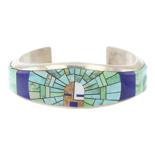 Robert Chee Navajo Carrico Lake Turquoise Lapis & Picture Jasper Inlay Cuff Bracelet: Sterling Silver | Genuine Carrico Lake Turquoise | Robert Chee Navajo Carrico Lake Turquoise Lapis & Picture Jasper Inlay Cuff Bracelet | Navajo Native American Southwest Indian Jewelry | Good (no