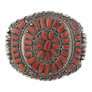 Vintage Zuni Mediterranean Coral Cluster Cuff Bracelet: Sterling Silver | Genuine Mediterranean Coral | Vintage Zuni Mediterranean Coral Cluster Cuff Bracelet | Zuni Native American Southwest Indian Jewelry | Good (no breaks or damages) | Approximate