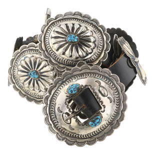 Vintage Navajo Kingman Turquoise Traditional Stamp-Work Concho Belt: Sterling Silver | Genuine Kingman Turquoise | Vintage Navajo Kingman Turquoise Traditional Stamp-Work Concho Belt | Navajo Native American Southwest Indian Jewelry | Good (no breaks or damages) |