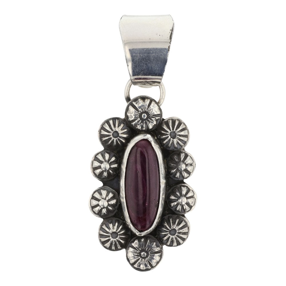 Damian Cotton Navajo Purple Spiny Oyster Pendant: Sterling Silver | Genuine Purple Spiny Oyster | Damian Cotton Navajo Purple Spiny Oyster Pendant | Navajo Native American Southwest Indian Jewelry | Good (no breaks or damages) | Approximate Weight: 2