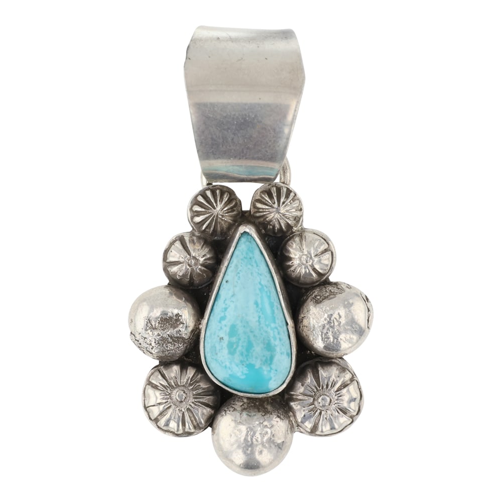Damian Cotton Navajo Kingman Turquoise Pendant: Sterling Silver | Genuine Kingman Turquoise | Damian Cotton Navajo Kingman Turquoise Pendant | Navajo Native American Southwest Indian Jewelry | Good (no breaks or damages) | Approximate Weight: 17 Gr
