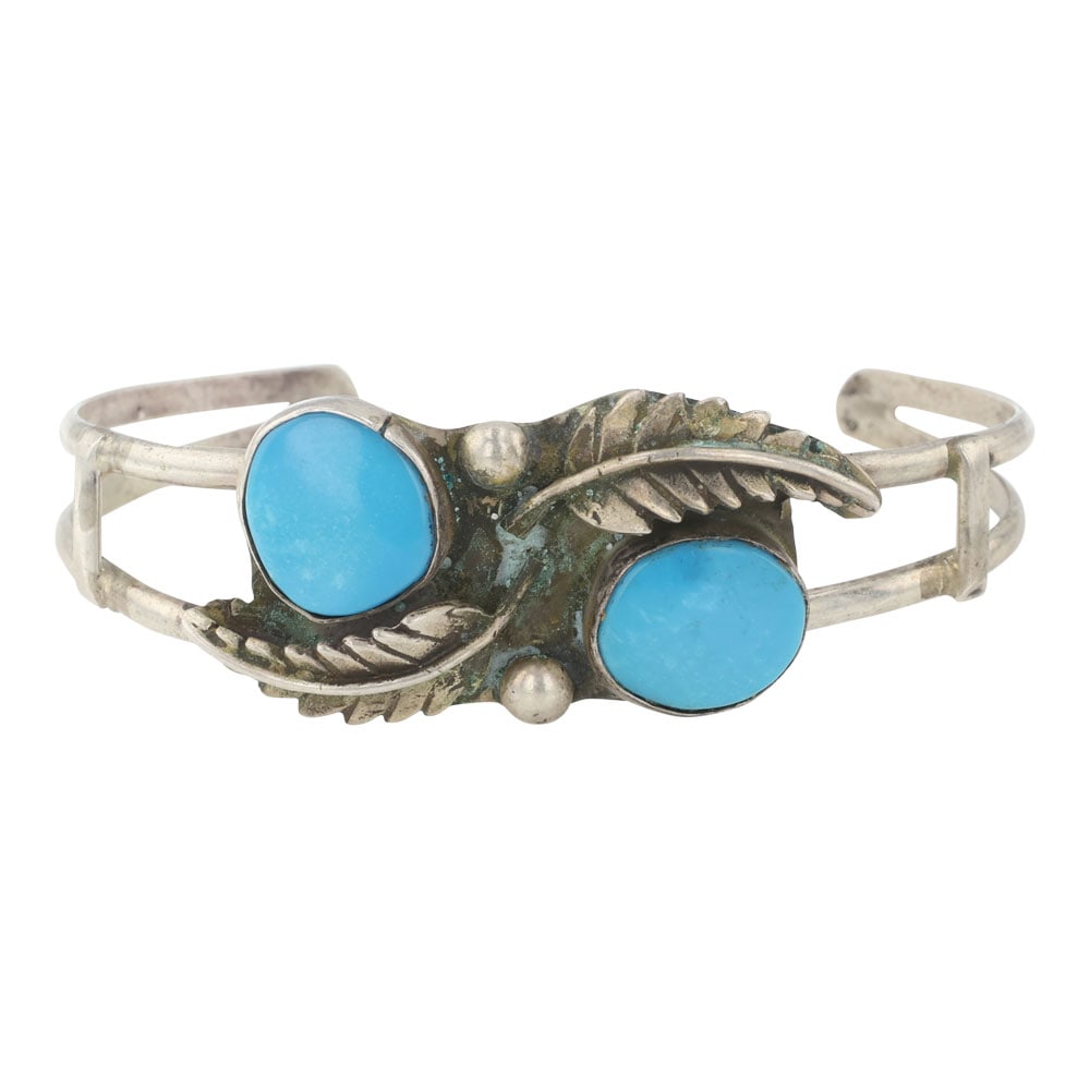 Navajo Turquoise Leaf Bracelet: Sterling Silver | Genuine Turquoise | Navajo Turquoise Leaf Bracelet | Navajo Native American Southwest Indian Jewelry | Good (no breaks or damages) | Approximate Weight: 15 Grams | Bracelet: 5.25" in