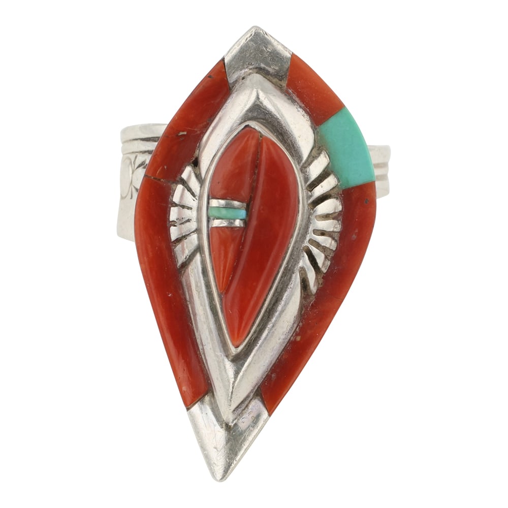 Ken Romero Taos Pueblo Laguna Pueblo Mediterranean Coral & Turquoise Cobblestone Inlay Adjustable (1 of 3)
