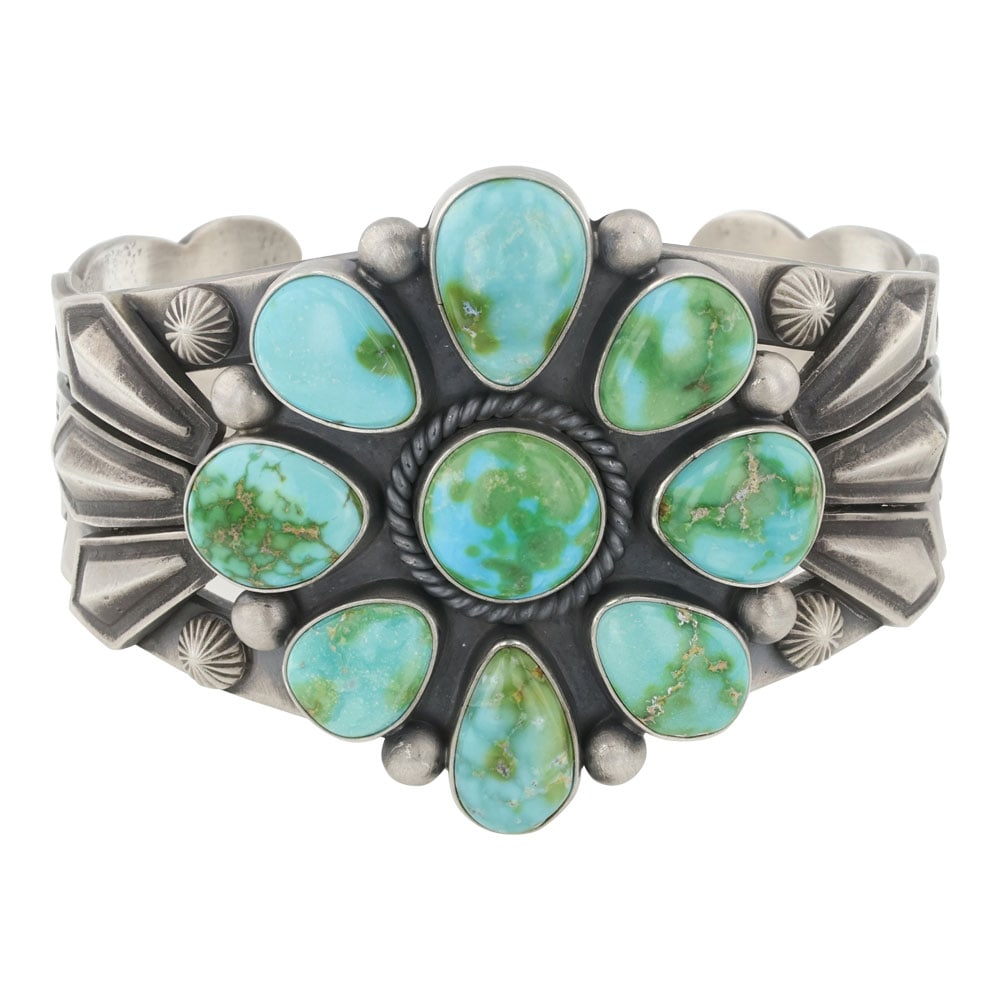 Elgin Tom Navajo Sonoran Gold Turquoise Cluster Bump out Cuff Bracelet: Sterling Silver | Genuine Sonoran Gold Turquoise | Elgin Tom Navajo Sonoran Gold Turquoise Cluster Bump out Cuff Bracelet | Navajo Native American Southwest Indian Jewelry | Good (no breaks or damages