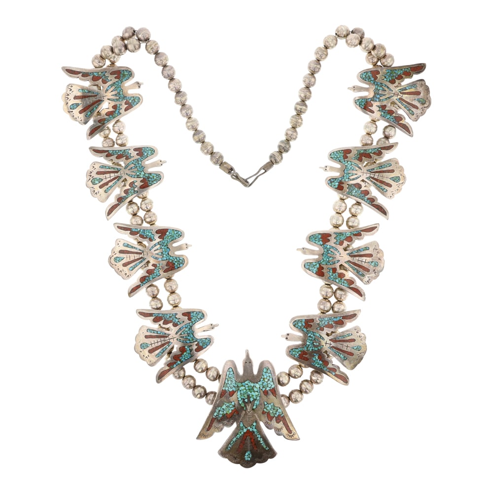 Vintage Navajo Turquoise & Coral Chip Inlay Peyote Bird Squash Blossom Necklace: Sterling Silver | Genuine Turquoise & Coral | Vintage Navajo Turquoise & Coral Chip Inlay Peyote Bird Squash Blossom Necklace | Navajo Native American Southwest Indian Jewelry | Good (no breaks or dam