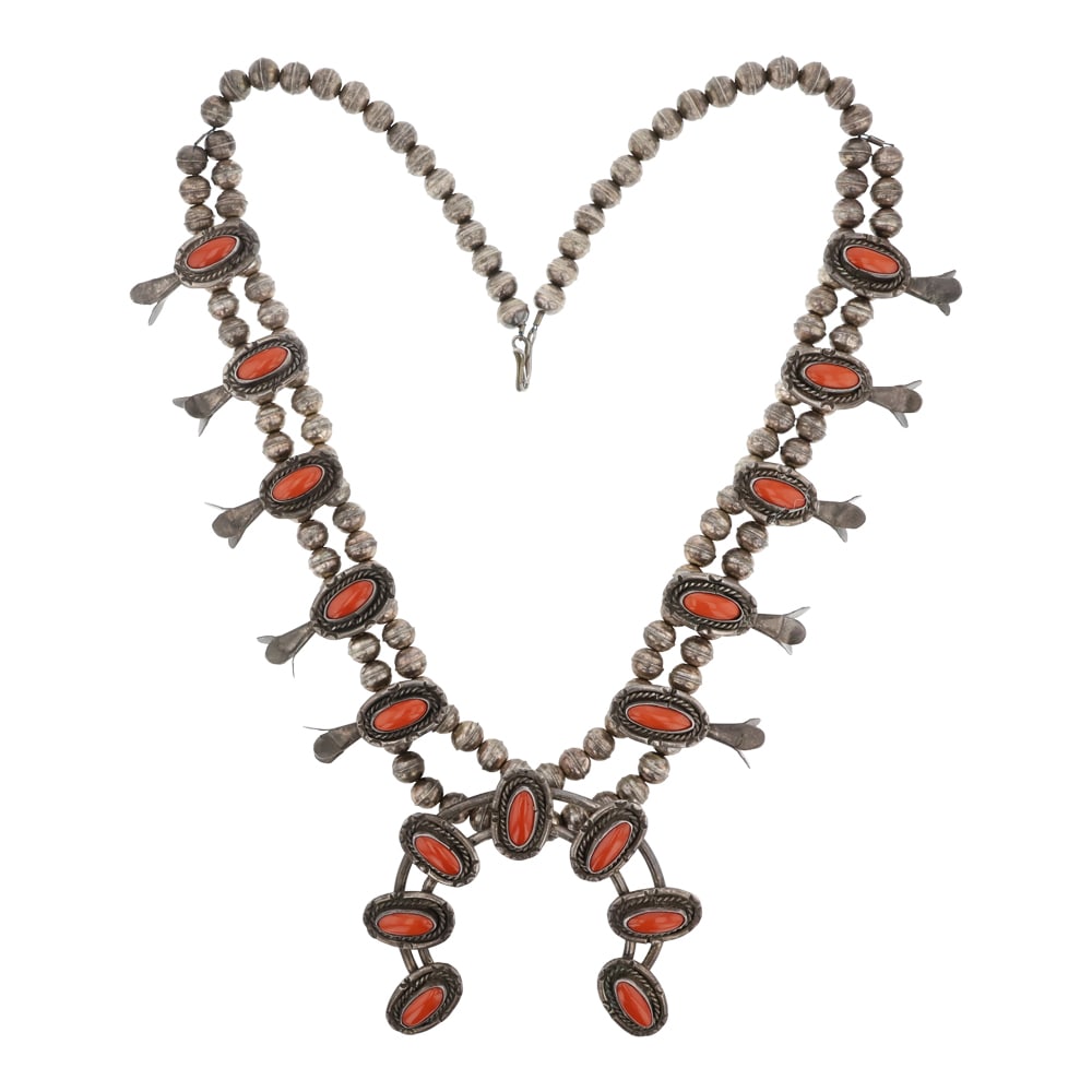 Vintage Navajo Mediterranean Coral Squash Blossom Necklace: Sterling Silver | Genuine Mediterranean Coral | Vintage Navajo Mediterranean Coral Squash Blossom Necklace | Navajo Native American Southwest Indian Jewelry | Good (no breaks or damages) | Approximate
