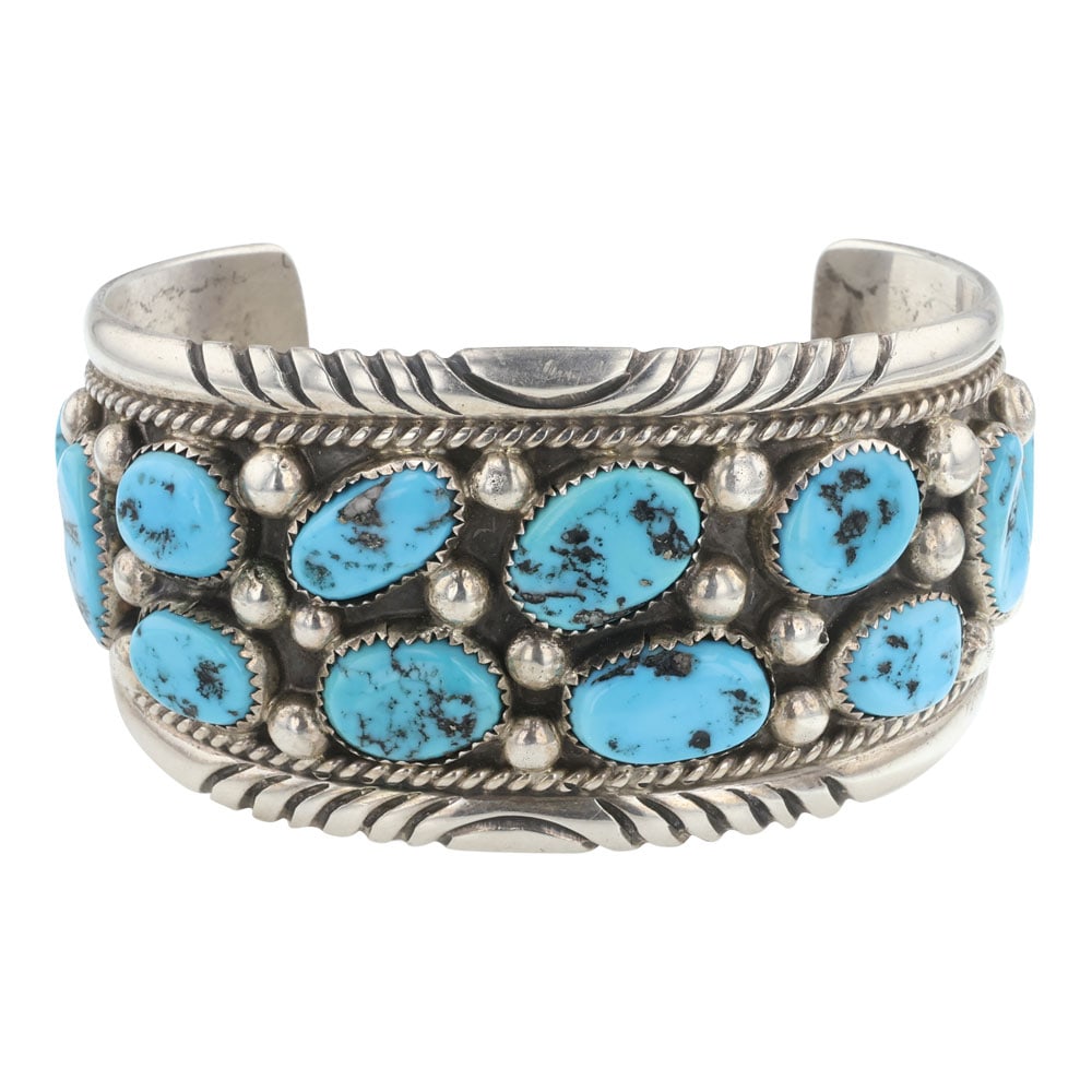 Tommy Moore Navajo Sleeping Beauty Nugget Turquoise Cuff Bracelet: Sterling Silver | Genuine Sleeping Beauty Nugget Turquoise | Tommy Moore Navajo Sleeping Beauty Nugget Turquoise Cuff Bracelet | Navajo Native American Southwest Indian Jewelry | Good (no breaks or da
