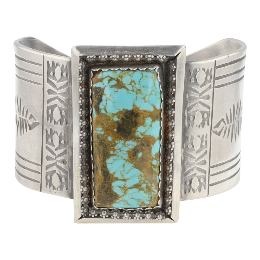 Ivan J Navajo Nevada Turquoise Rectangle Cuff Bracelet: Sterling Silver | Genuine Nevada Turquoise | Ivan J Navajo Nevada Turquoise Rectangle Cuff Bracelet | Navajo Native American Southwest Indian Jewelry | Good (no breaks or damages) | Approximate Weight